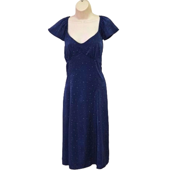 Lark + Grey Navy Blue/Brown Star Print Flutter Sleeve Midi Dress,Large - Picture 1 of 16